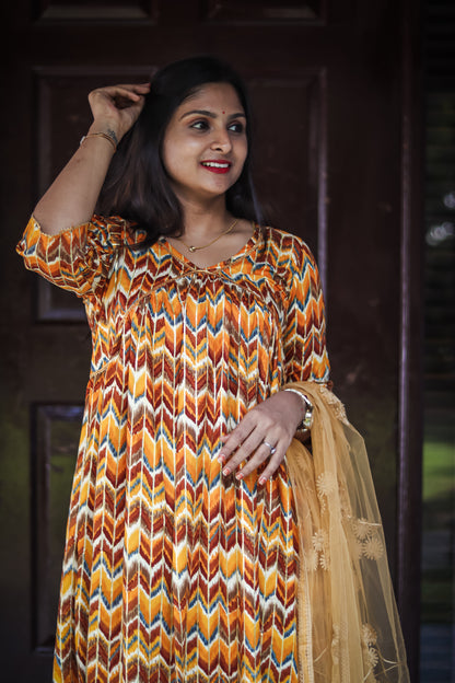 Yellow Alia cut cotton kurtaset with designer net dupatta