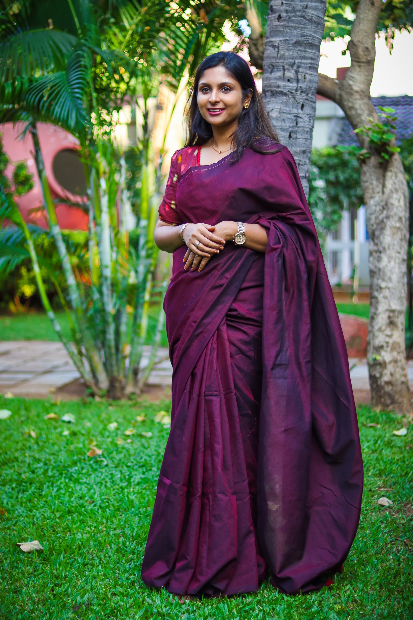 Burgundy soft khadi cotton saree
