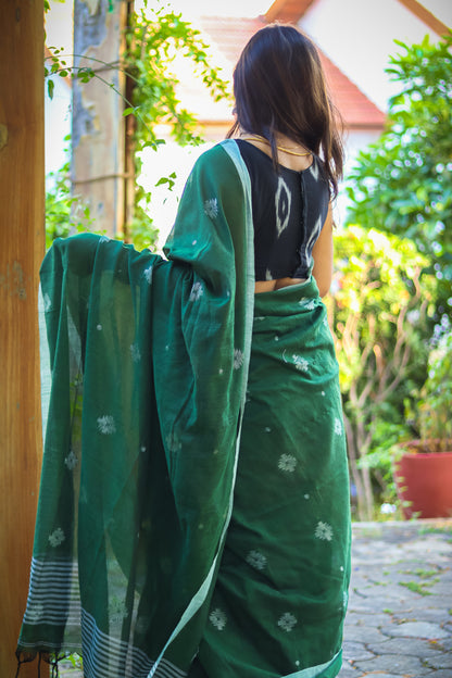 Dark green pure cotton handloom saree