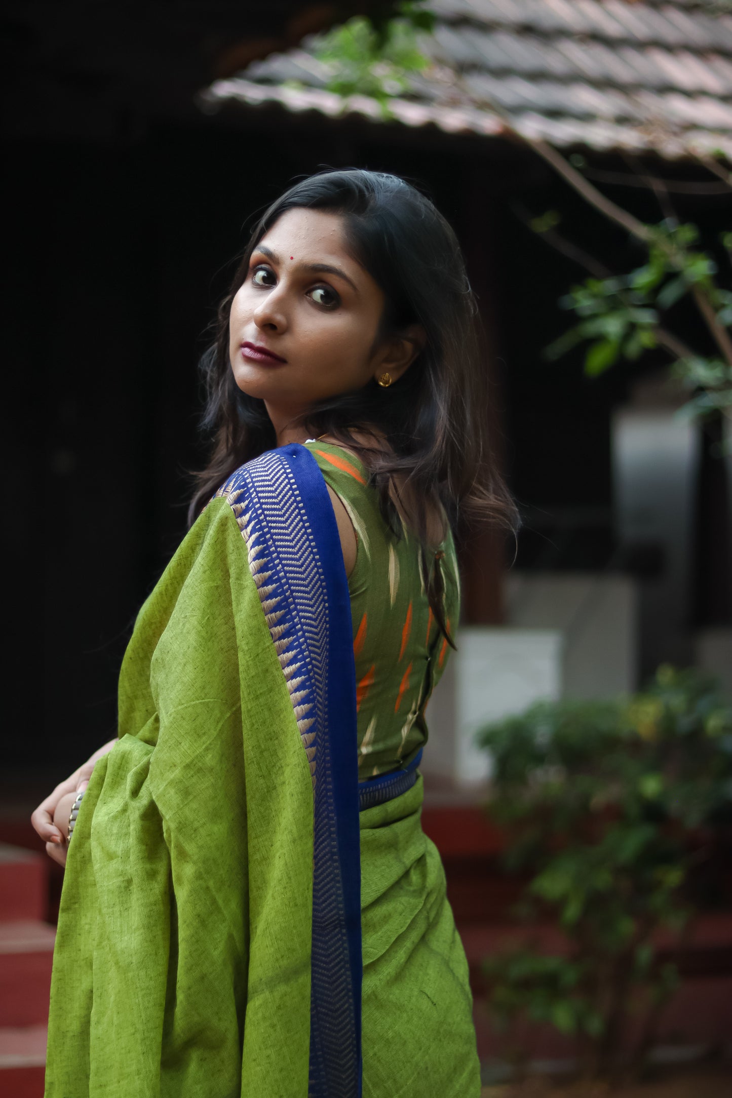 Olive green handloom khadi cotton saree with running blouse