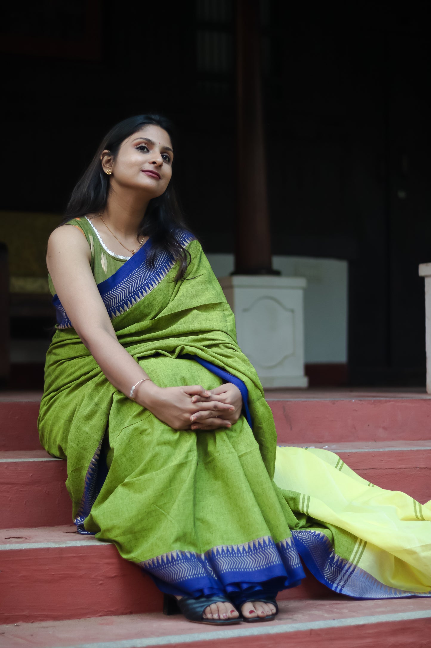 Olive green handloom khadi cotton saree with running blouse