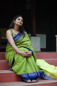 Olive green handloom khadi cotton saree with running blouse