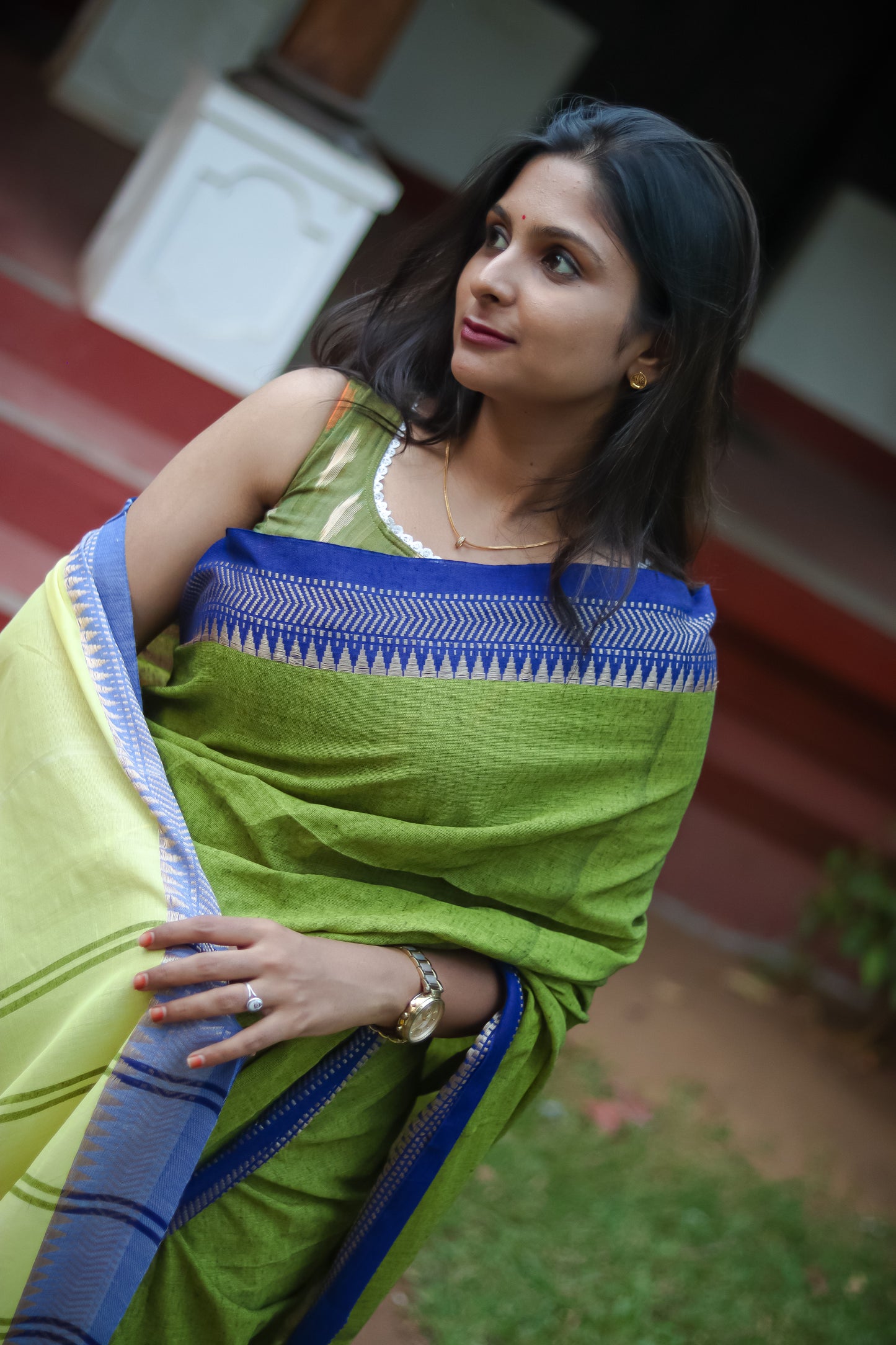 Olive green handloom khadi cotton saree with running blouse