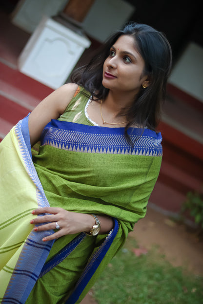 Olive green handloom khadi cotton saree with running blouse