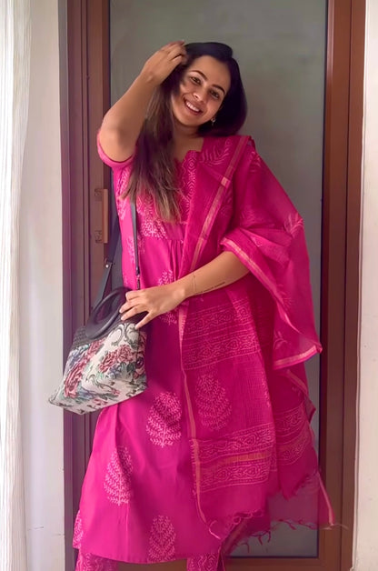 Pink Jaipur cotton kurta set with Kota Doria dupatta
