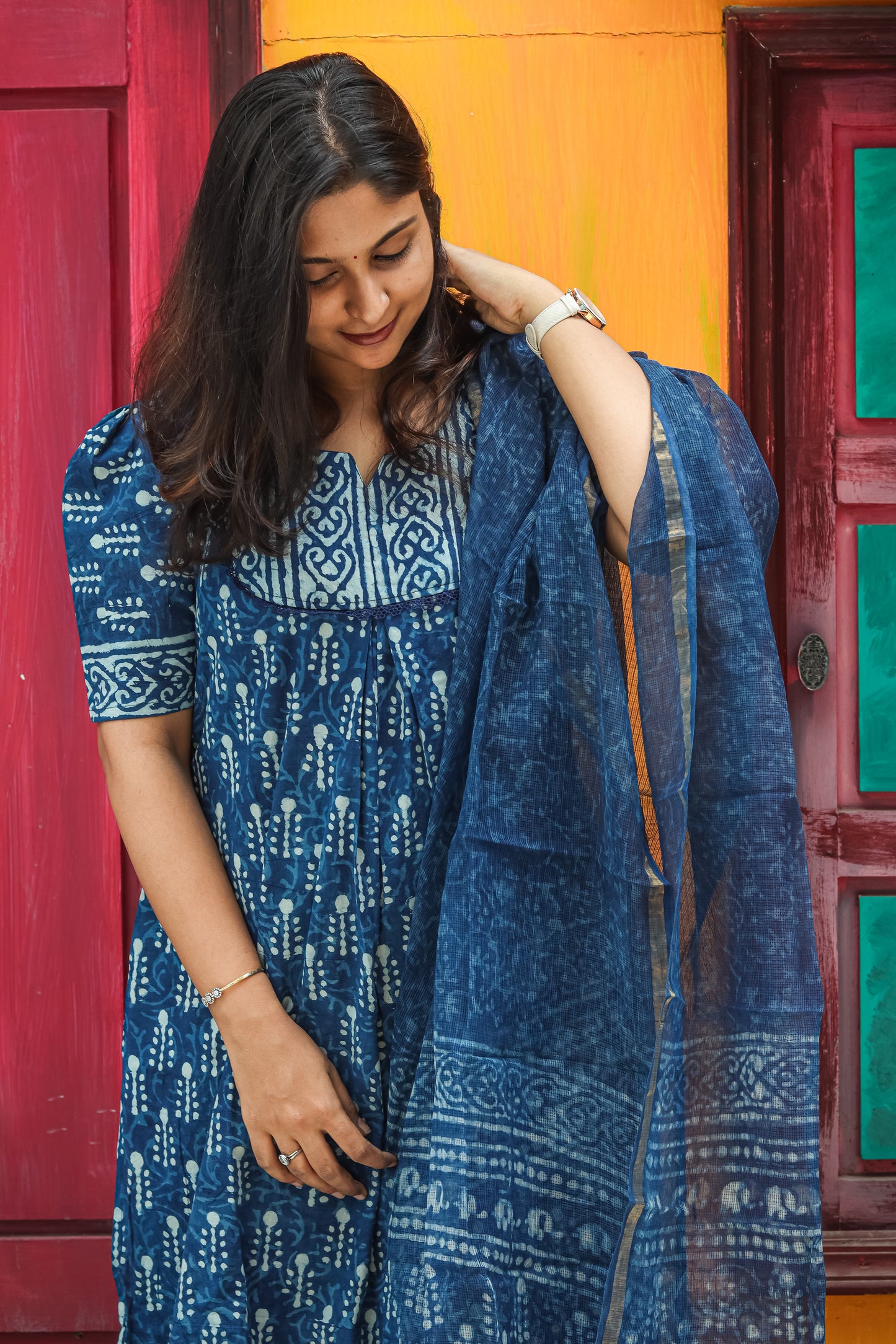 Navy blue Jaipur cotton kurta set with Kota Doria dupatta