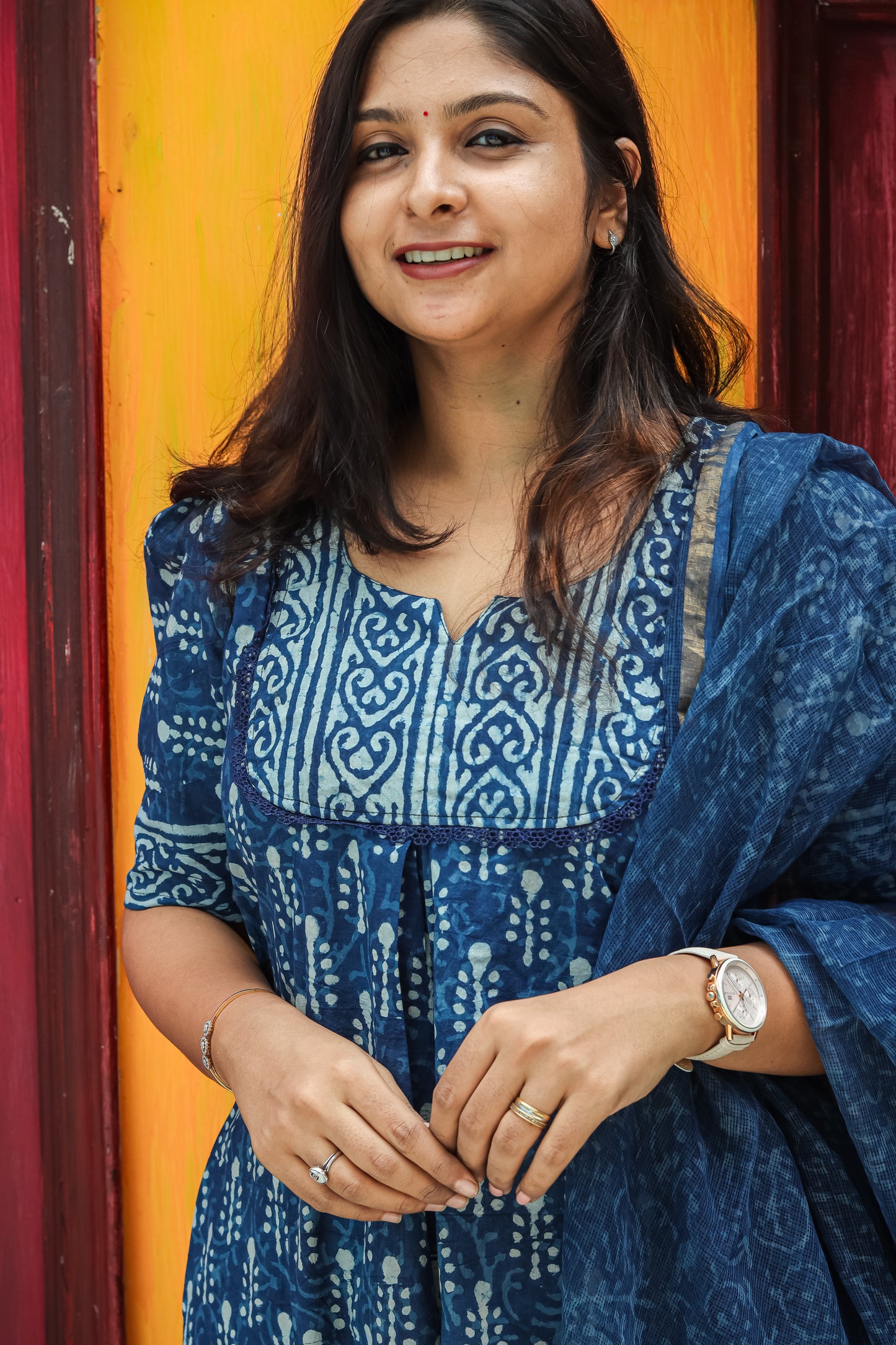 Navy blue Jaipur cotton kurta set with Kota Doria dupatta