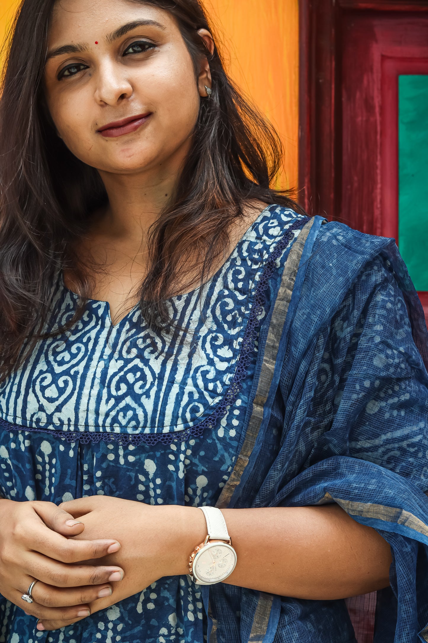 Navy blue Jaipur cotton kurta set with Kota Doria dupatta