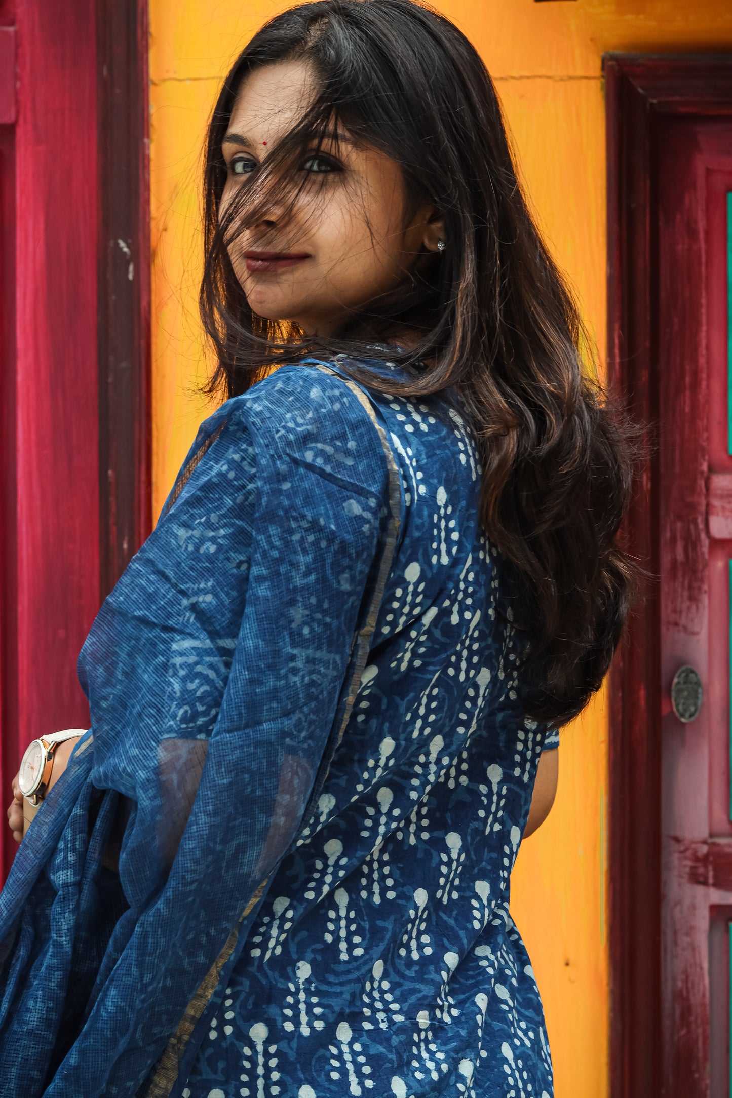 Navy blue Jaipur cotton kurta set with Kota Doria dupatta