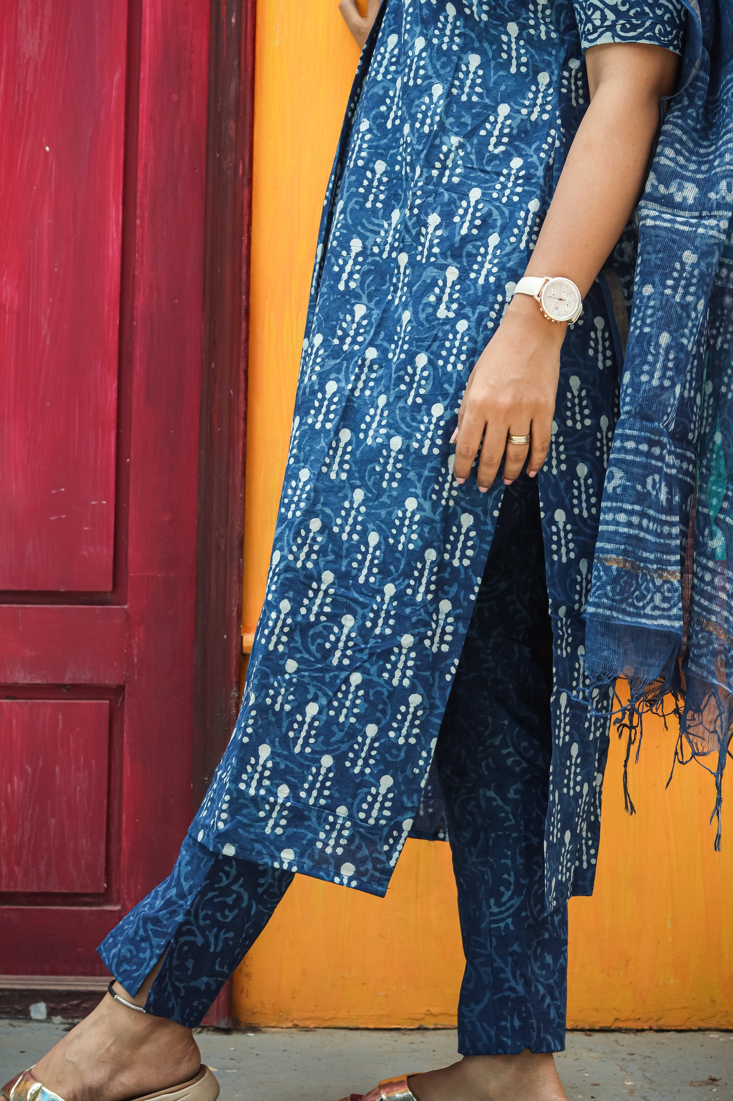Navy blue Jaipur cotton kurta set with Kota Doria dupatta