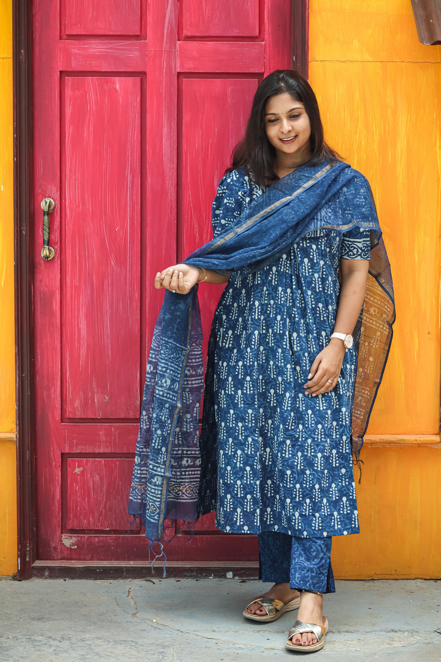 Navy blue Jaipur cotton kurta set with Kota Doria dupatta
