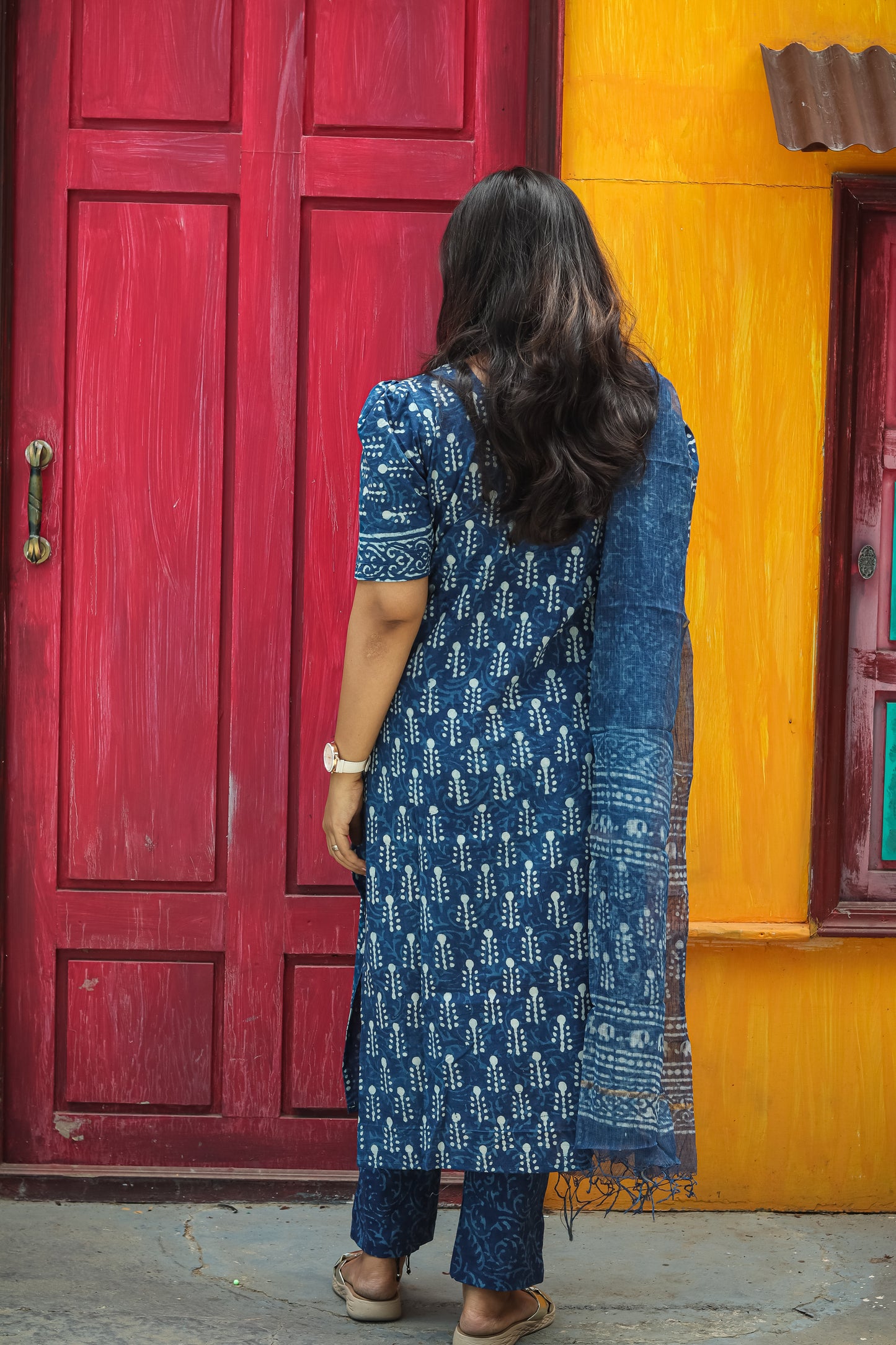 Navy blue Jaipur cotton kurta set with Kota Doria dupatta
