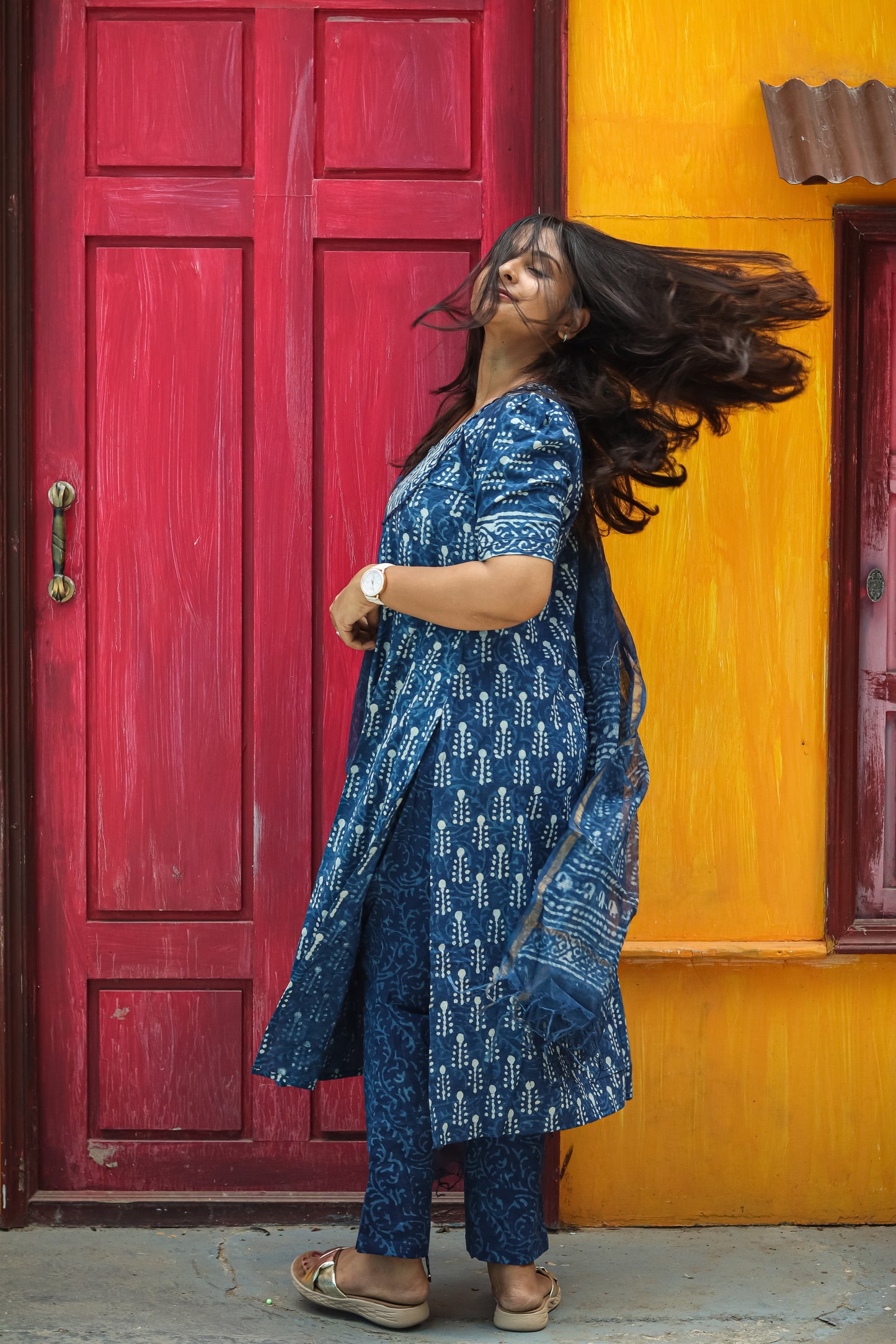 Navy blue Jaipur cotton kurta set with Kota Doria dupatta