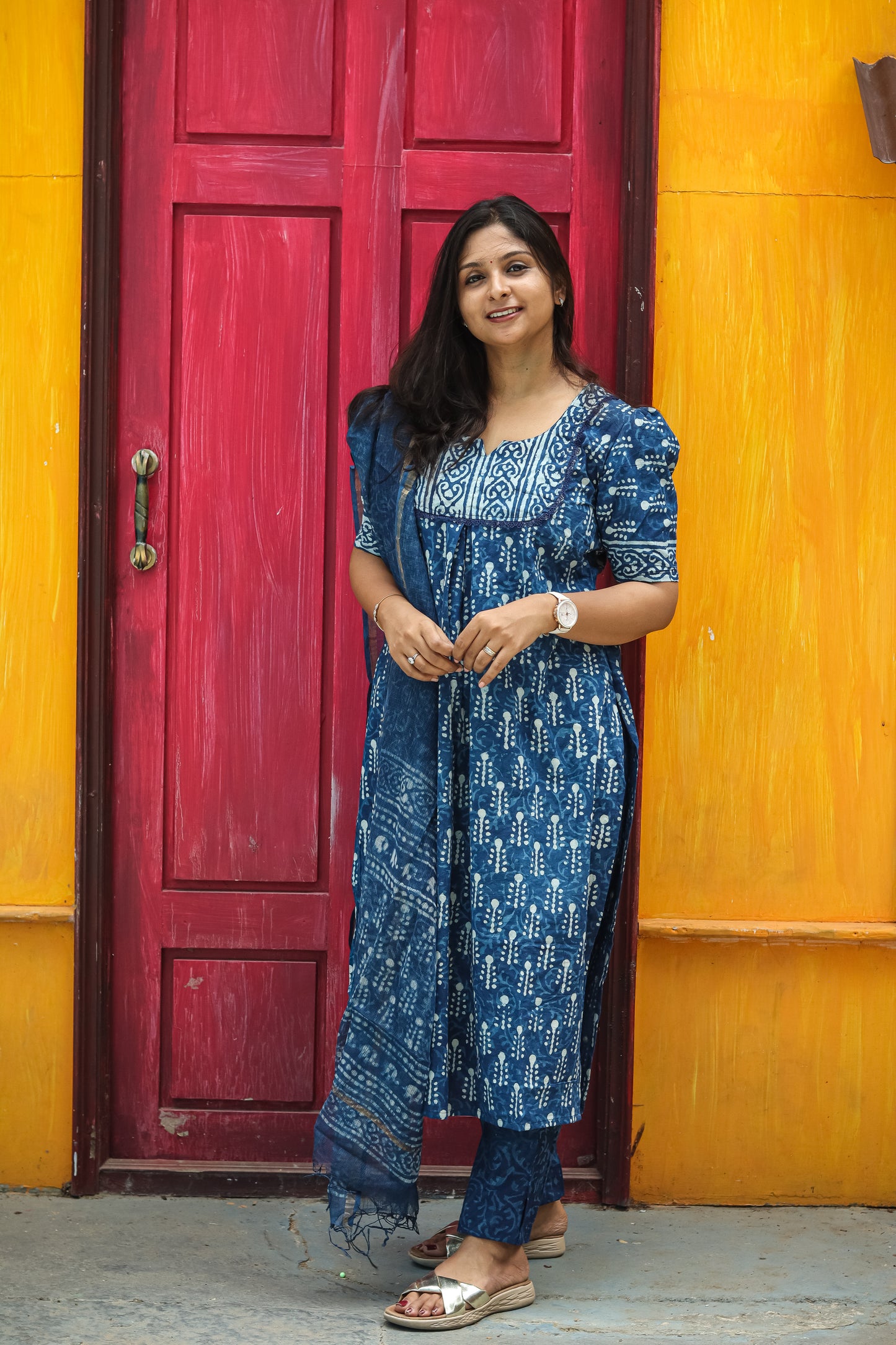 Navy blue Jaipur cotton kurta set with Kota Doria dupatta