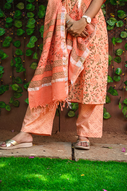 Orange floral Jaipur linen cotton kurta set (sleeves attached inside)