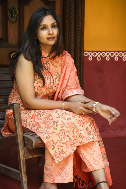 Orange floral Jaipur linen cotton kurta set (sleeves attached inside)
