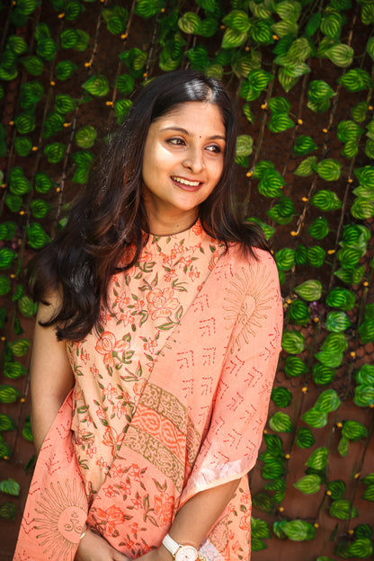 Orange floral Jaipur linen cotton kurta set (sleeves attached inside)