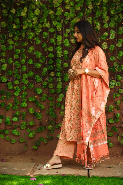 Orange floral Jaipur linen cotton kurta set (sleeves attached inside)