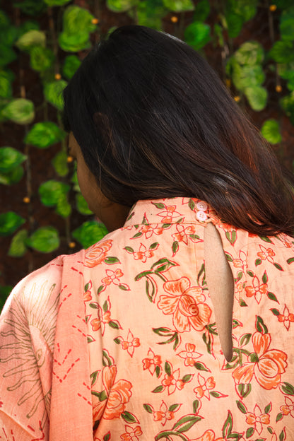 Orange floral Jaipur linen cotton kurta set (sleeves attached inside)