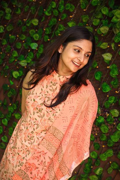Orange floral Jaipur linen cotton kurta set (sleeves attached inside)