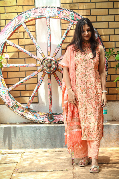 Orange floral Jaipur linen cotton kurta set (sleeves attached inside)