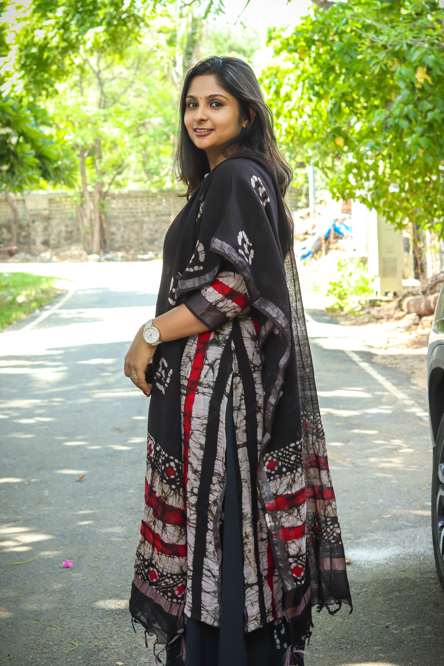 Black marble print linen kurta set pure cotton