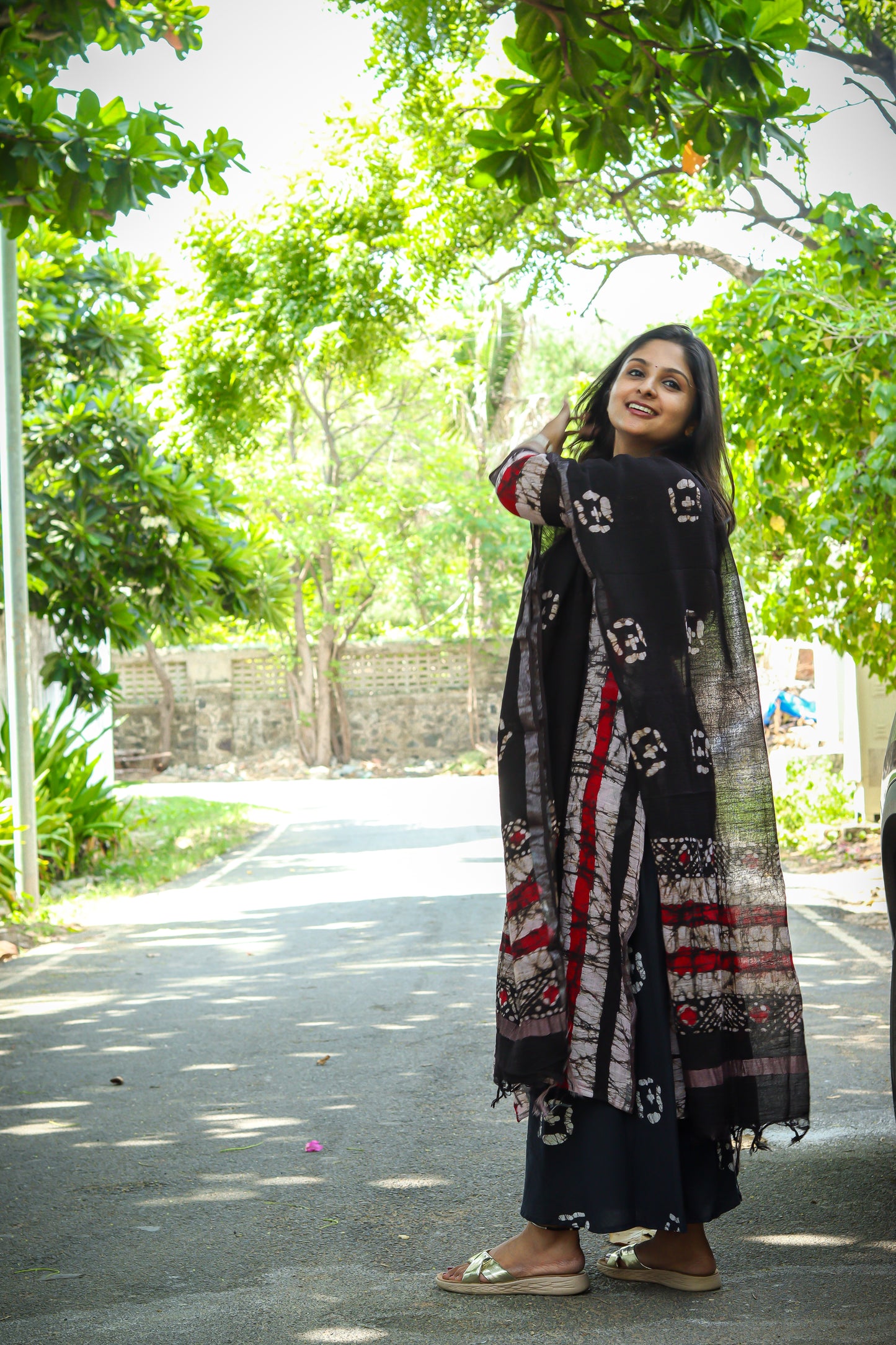 Black marble print linen kurta set pure cotton