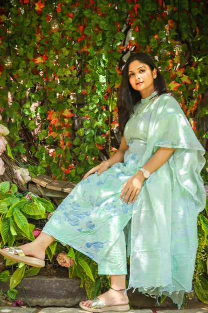 Pastel green marble print linen kurta set women