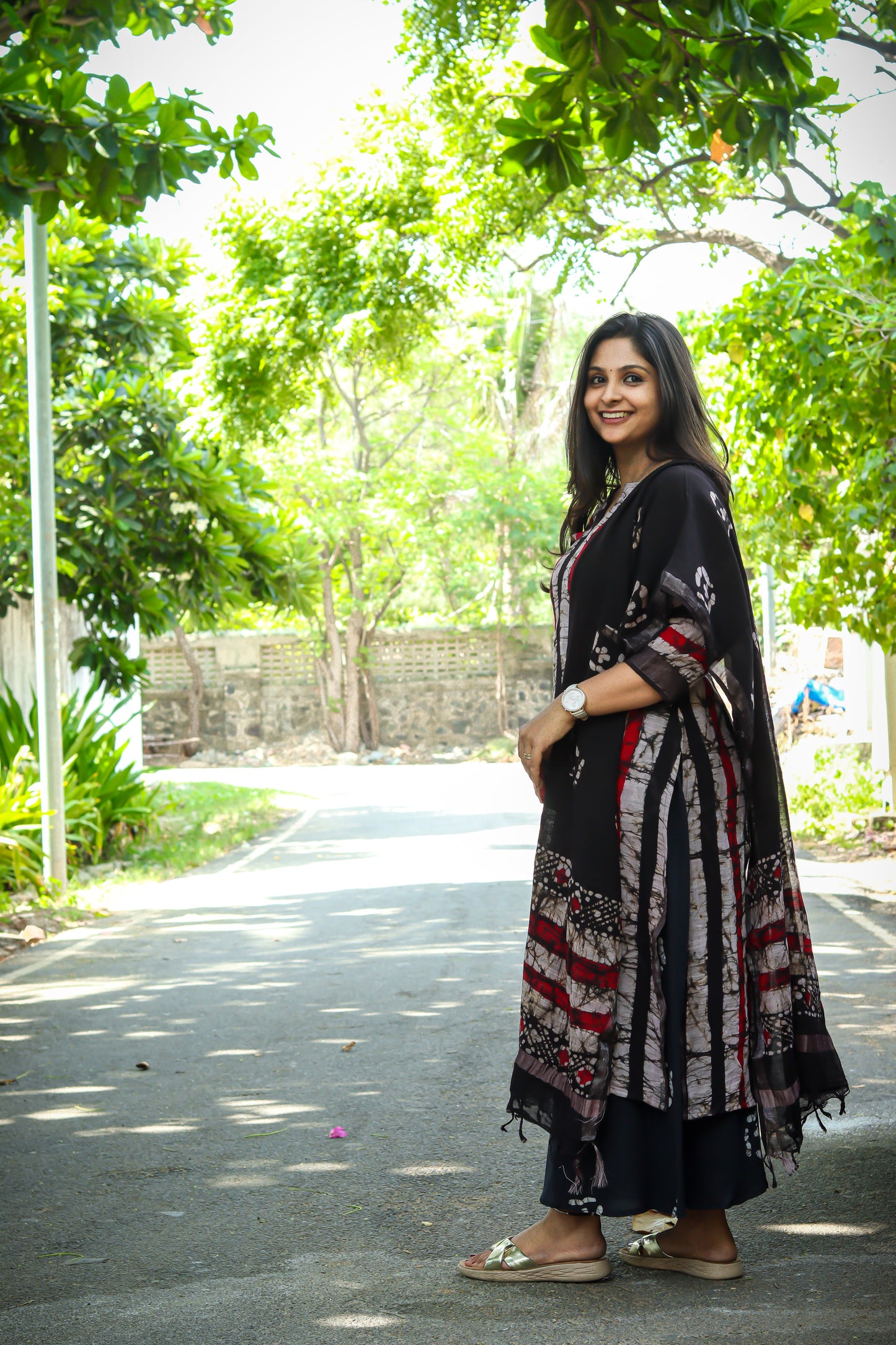 Black marble print linen kurta set pure cotton