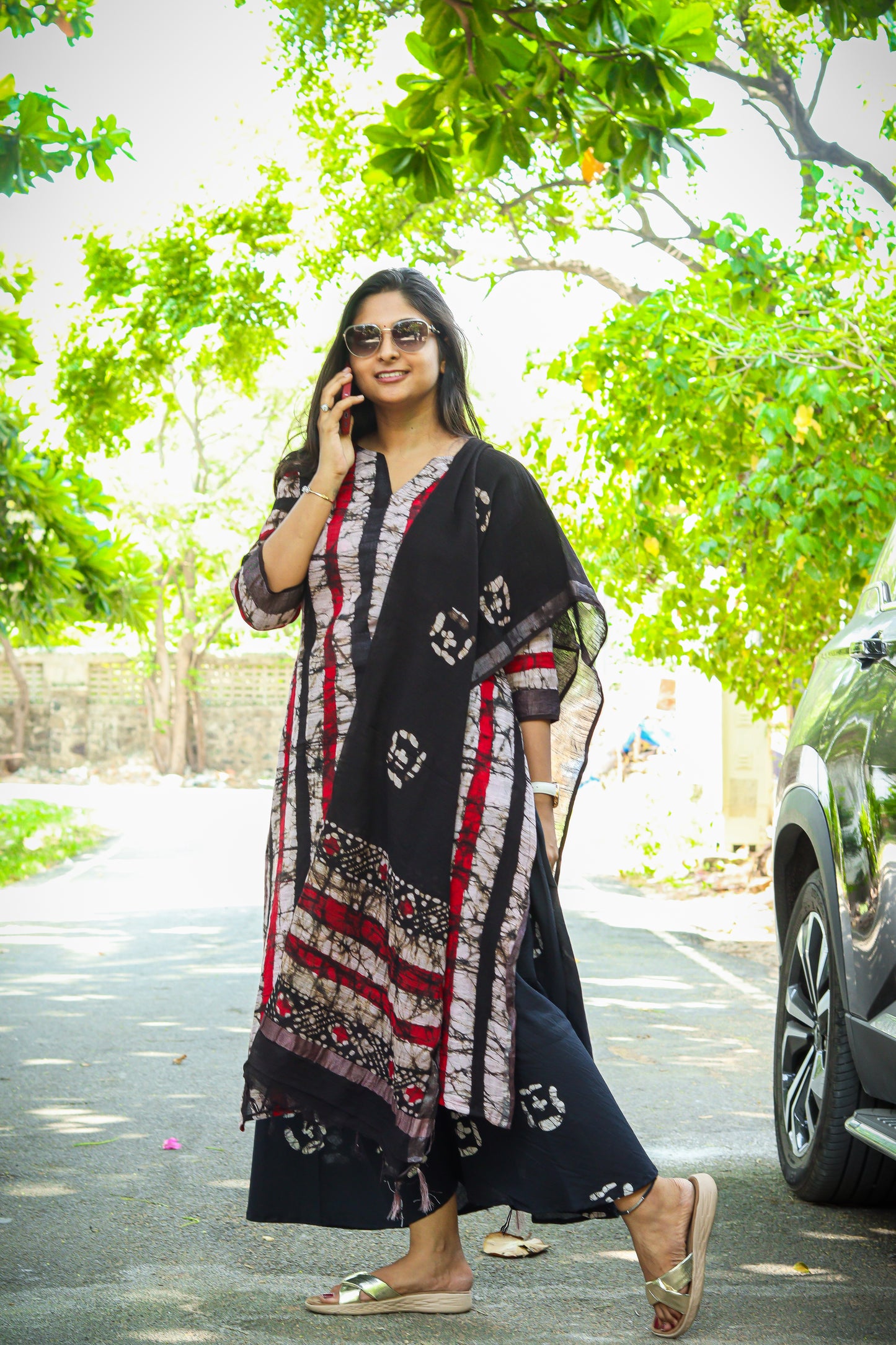 Black marble print linen kurta set pure cotton