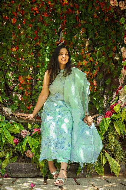 Pastel green marble print linen kurta set women