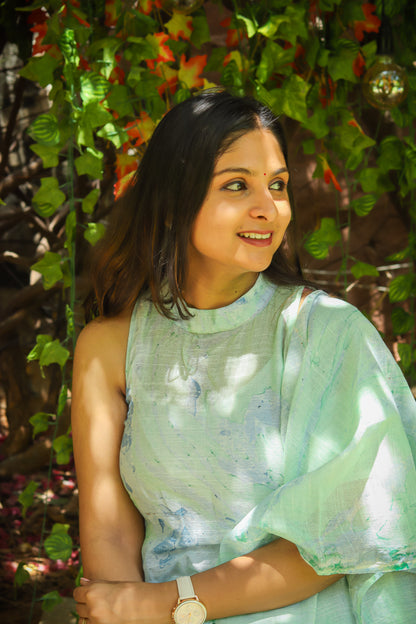 Pastel green marble print linen kurta set women