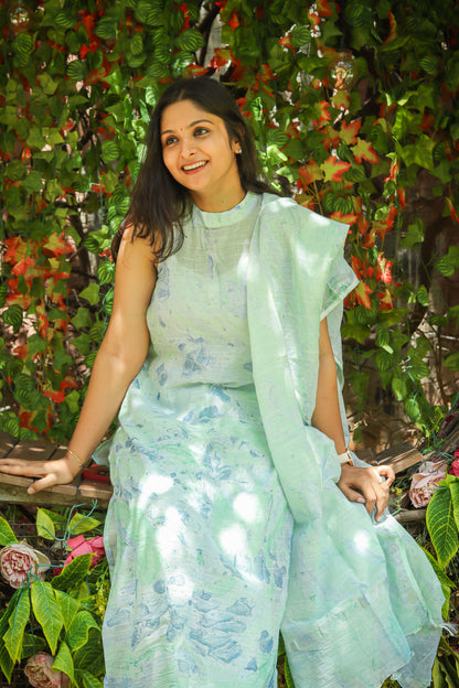 Pastel green marble print linen kurta set women