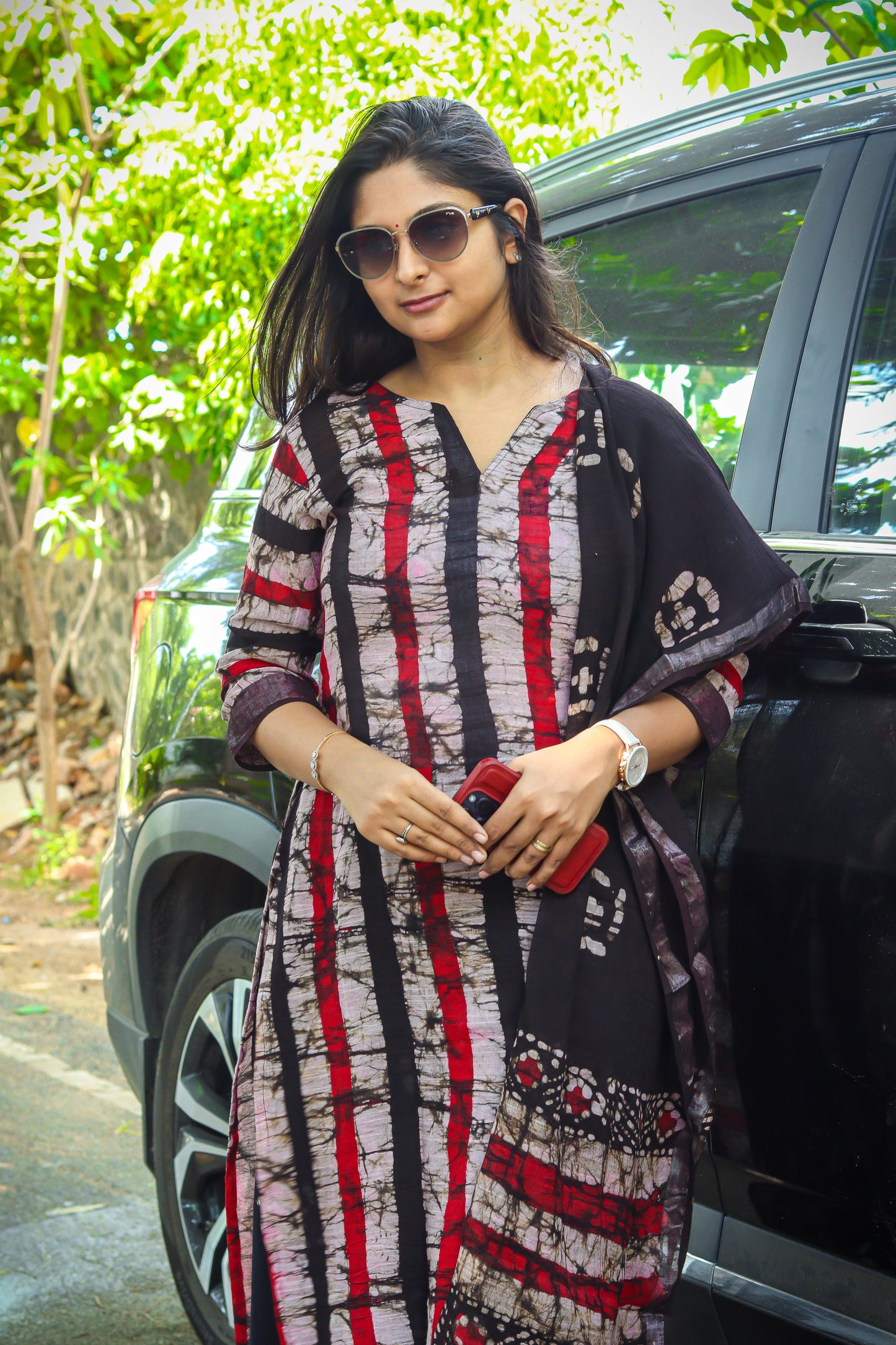 Black marble print linen kurta set pure cotton