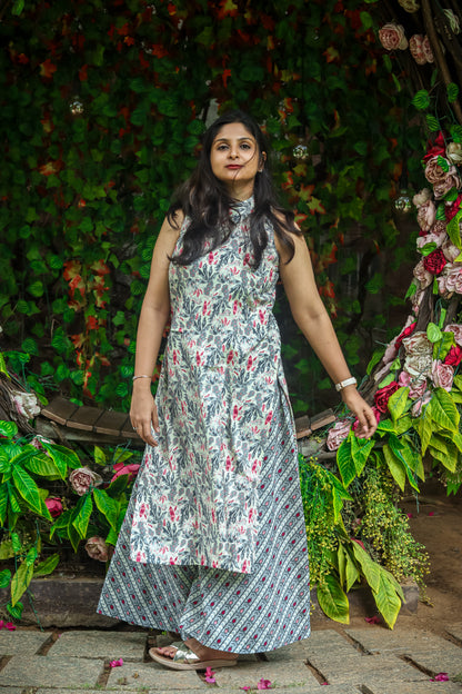 cream & grey floral pure cotton workwear kurta set (sleeves attached)