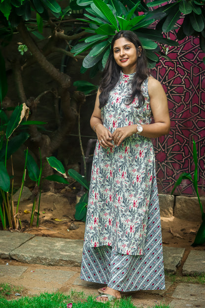 cream & grey floral pure cotton workwear kurta set (sleeves attached)