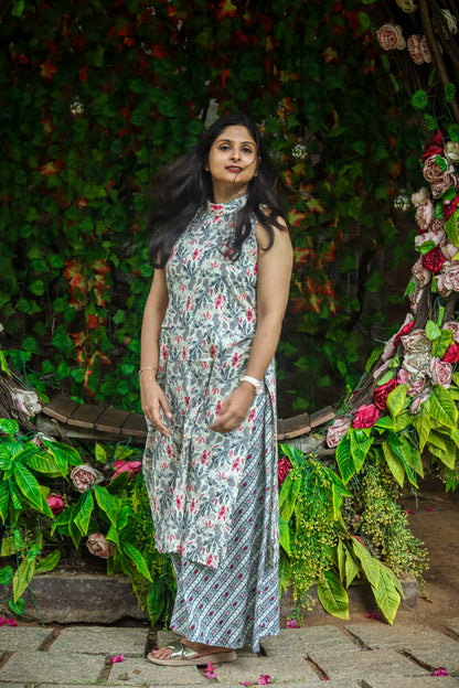 cream & grey floral pure cotton workwear kurta set (sleeves attached)