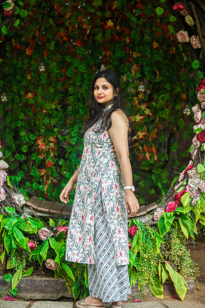 cream & grey floral pure cotton workwear kurta set (sleeves attached)
