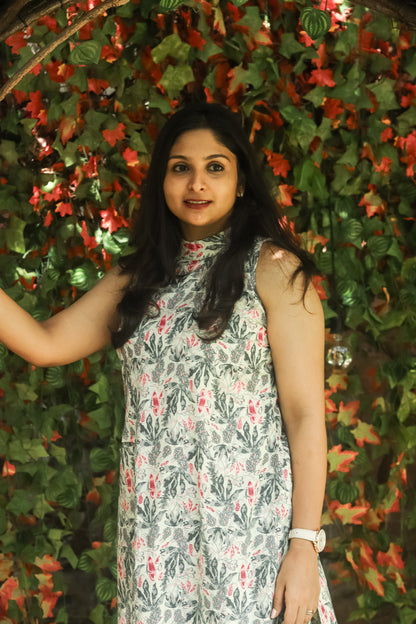 cream & grey floral pure cotton workwear kurta set (sleeves attached)