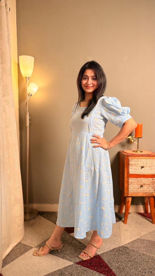 Powder Blue cotton muslin puff sleeves maxi