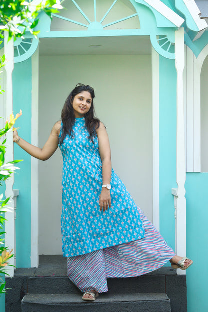 Blue pure cotton kurta set (sleeves attached)