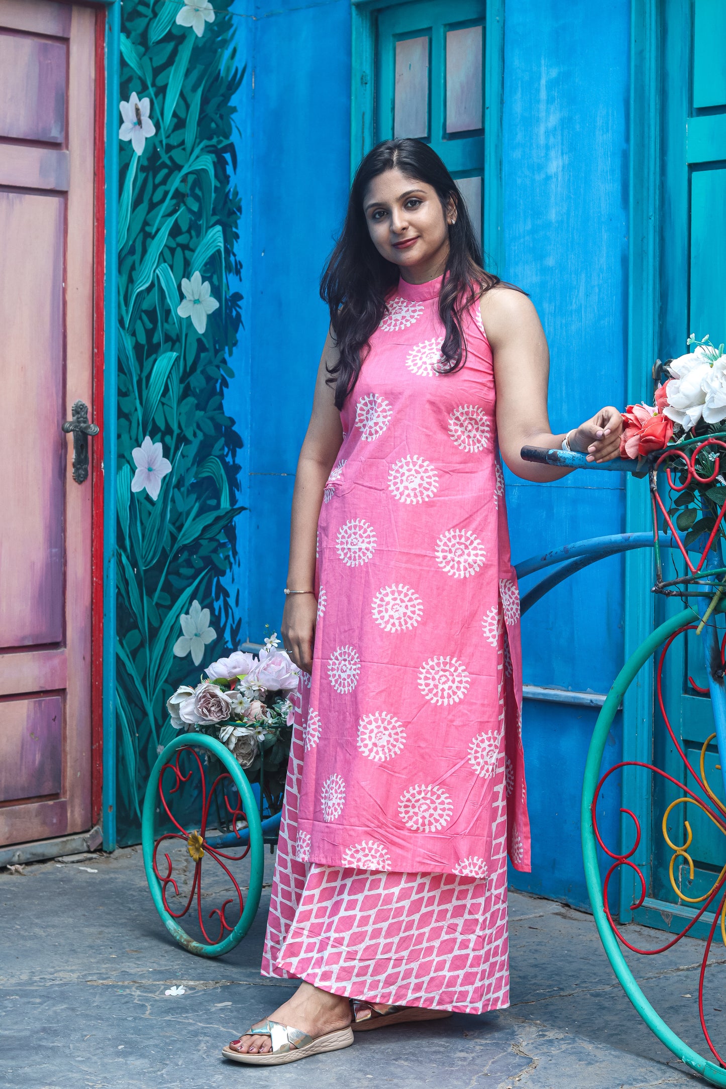 Pink floral pure cotton workwear kurta set (sleeves attached)