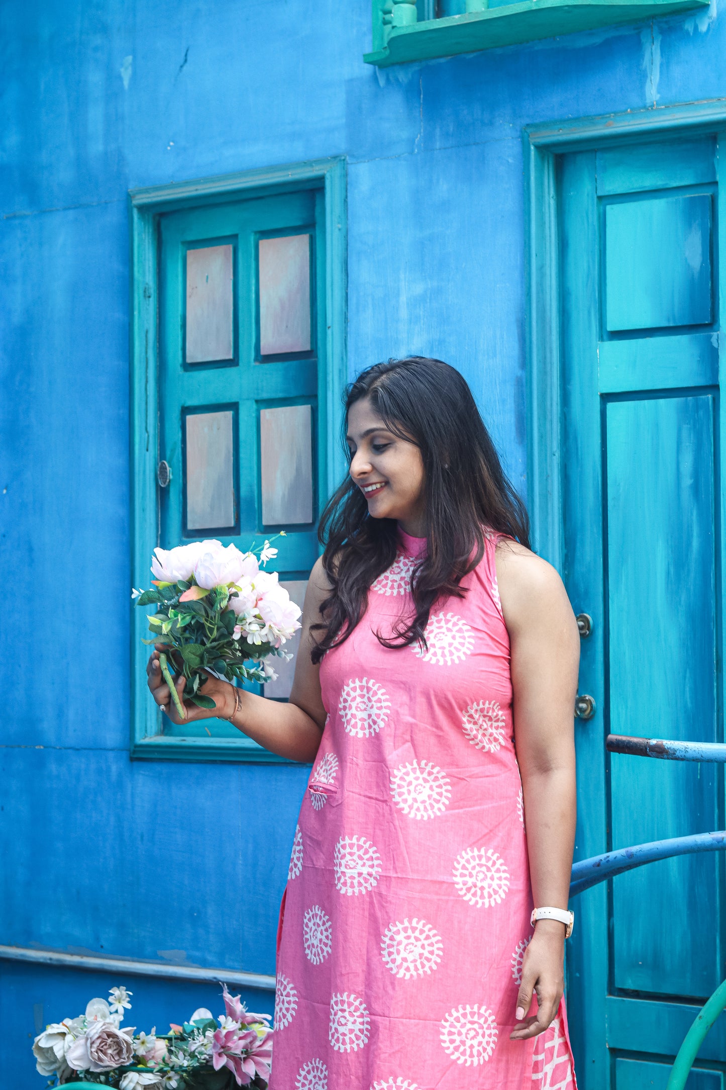 Pink floral pure cotton workwear kurta set (sleeves attached)