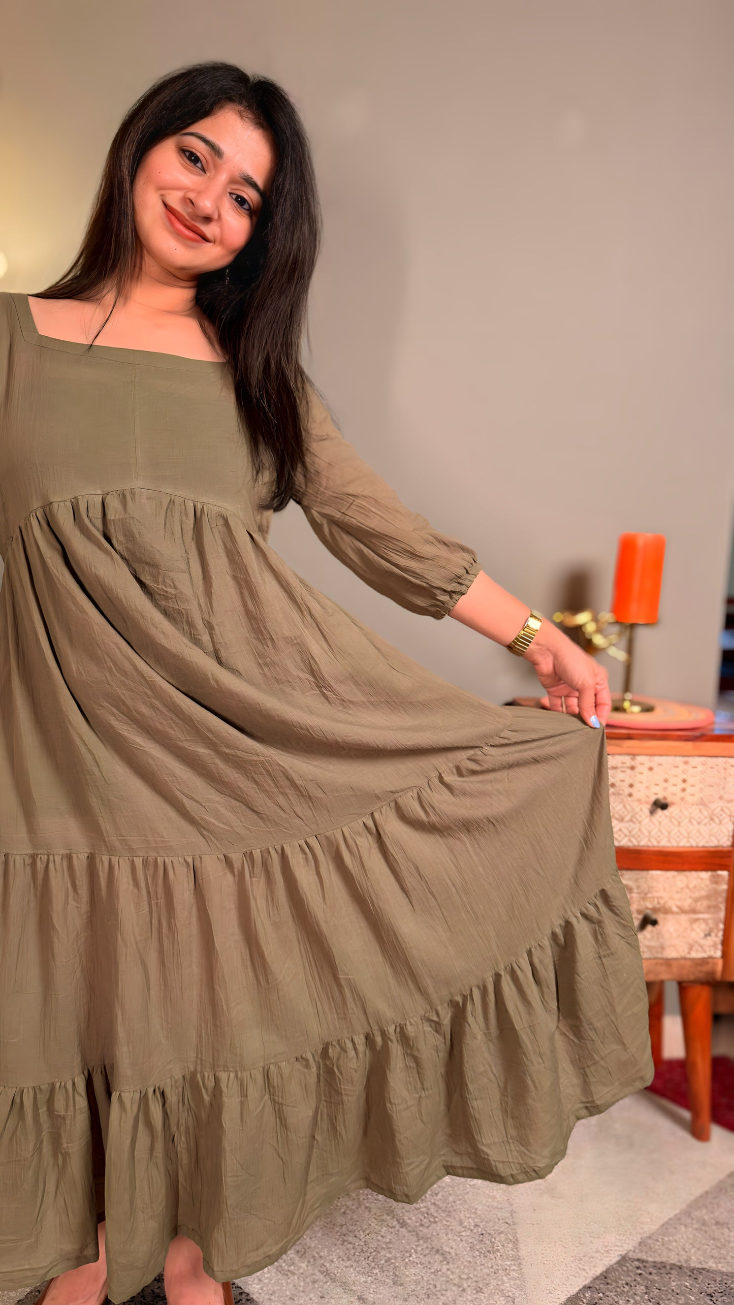 Olive pure muslin cotton women maternity maxi