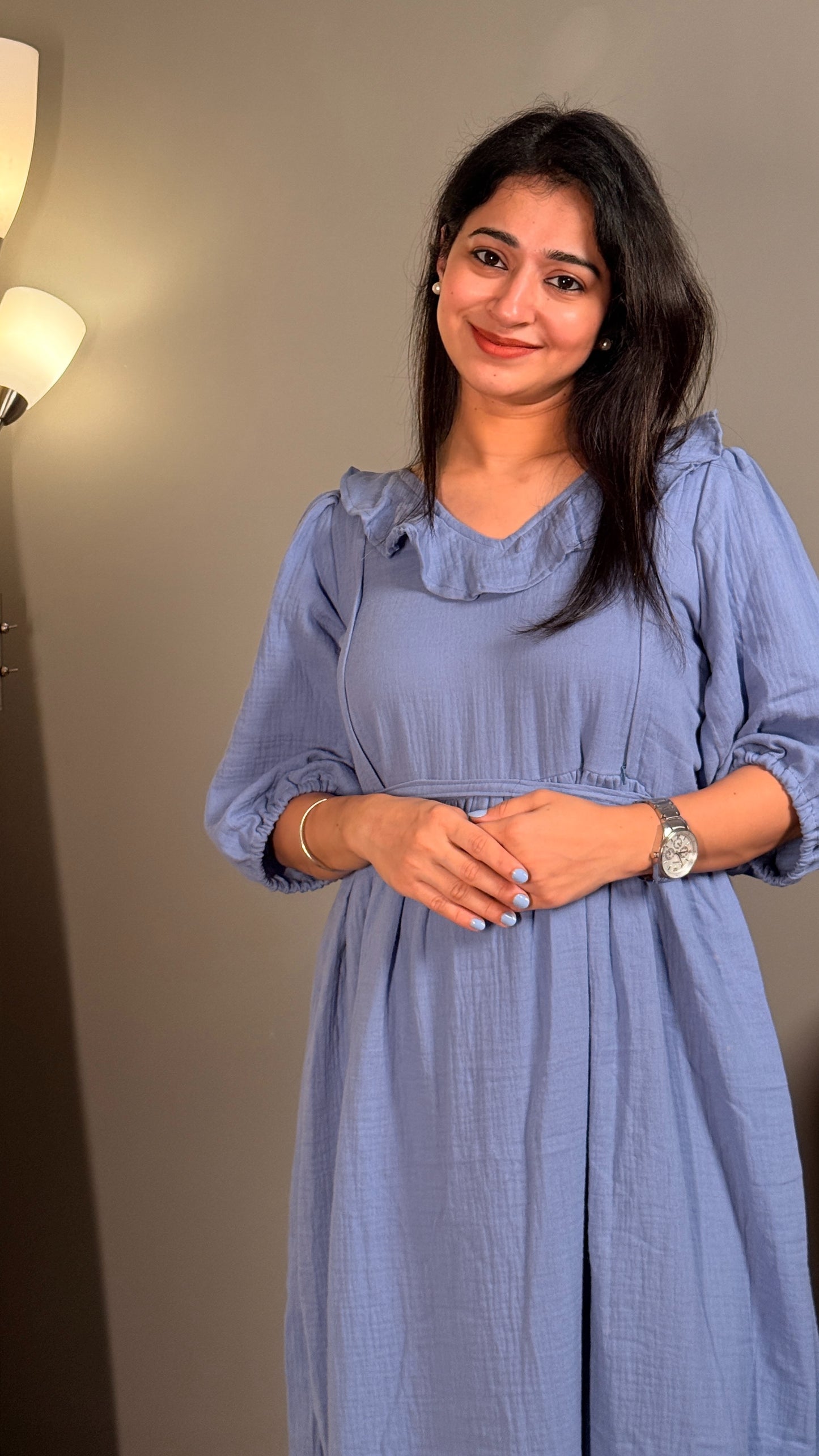 Blue muslin pure cotton women maternity maxi