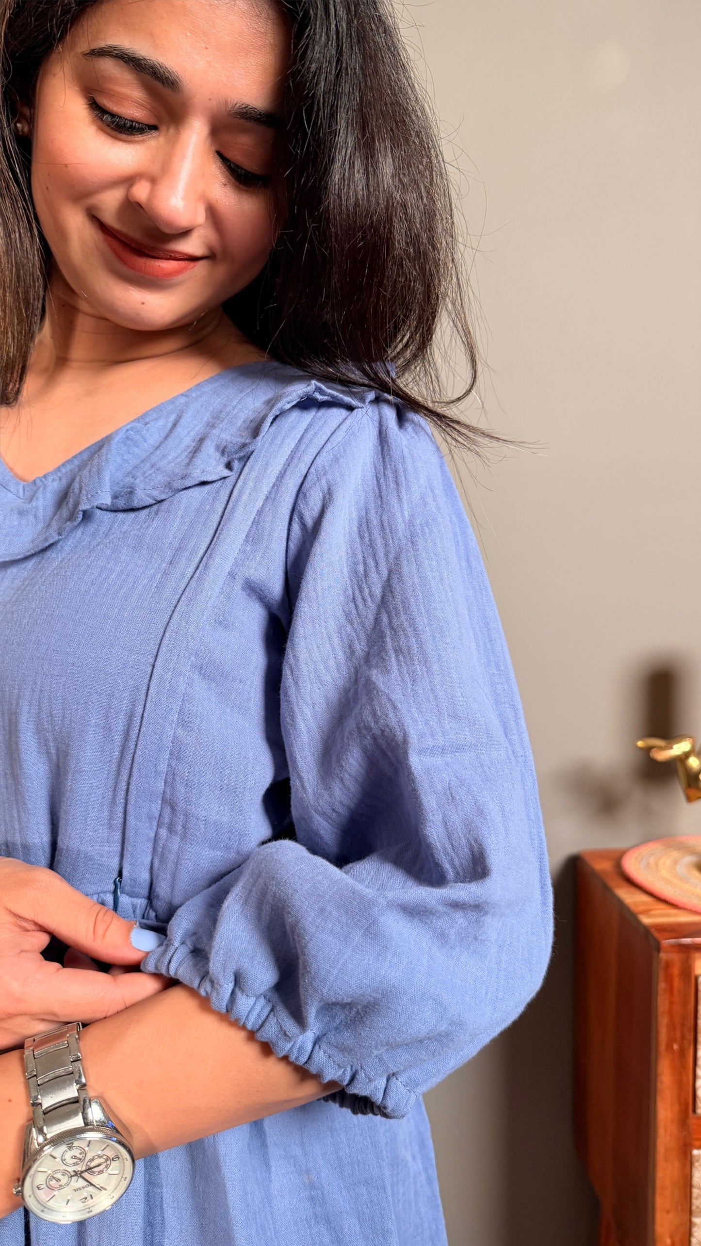 Blue muslin pure cotton women maternity maxi