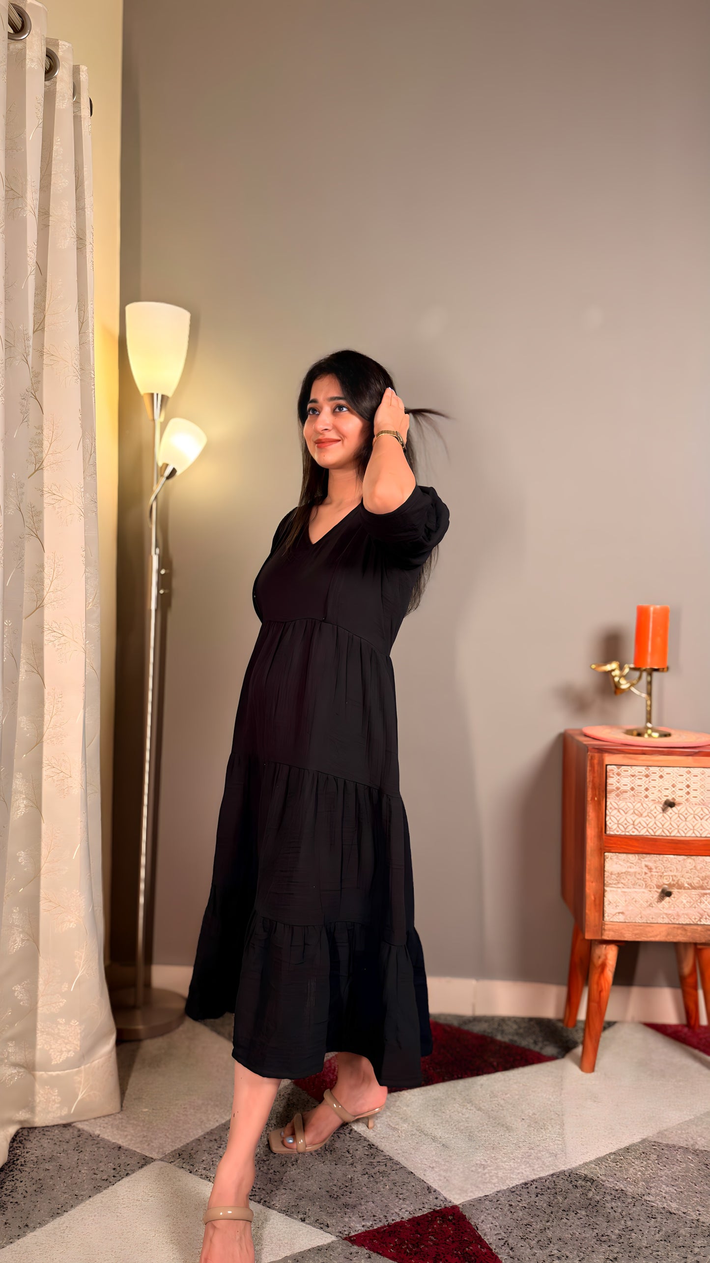 Black muslin cotton women maternity maxi with feeding zipper
