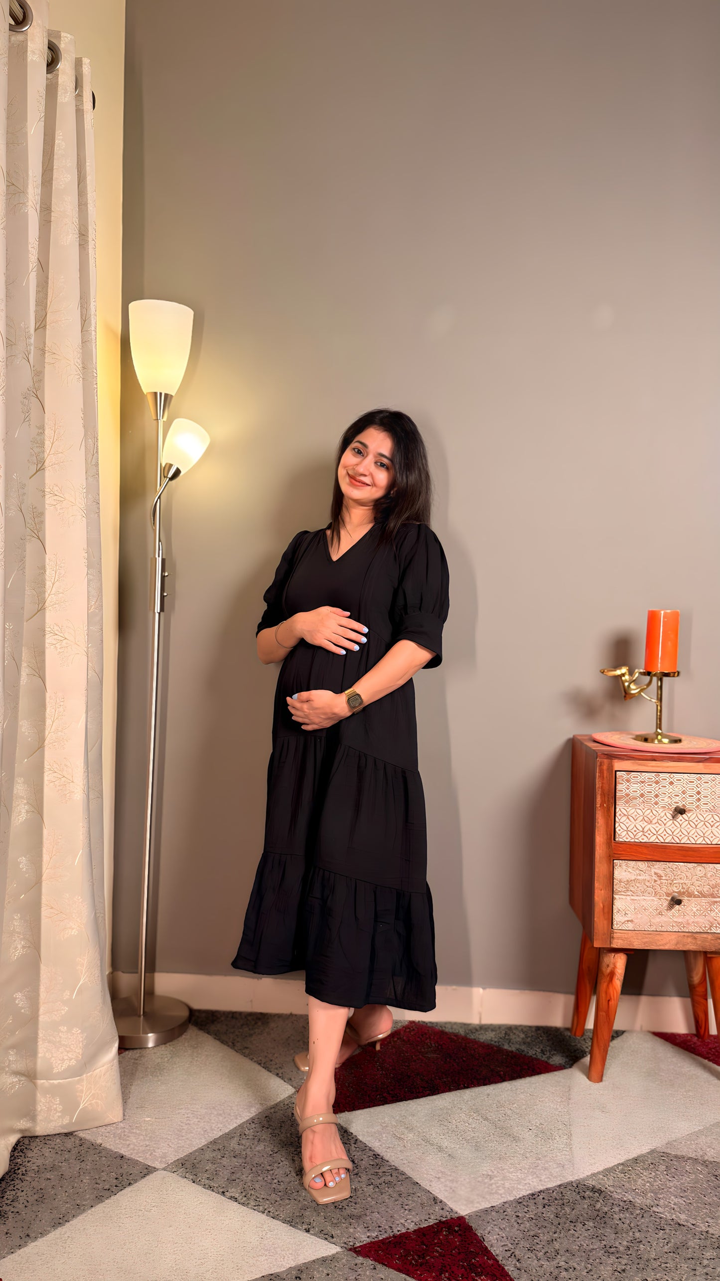 Black muslin cotton women maternity maxi with feeding zipper