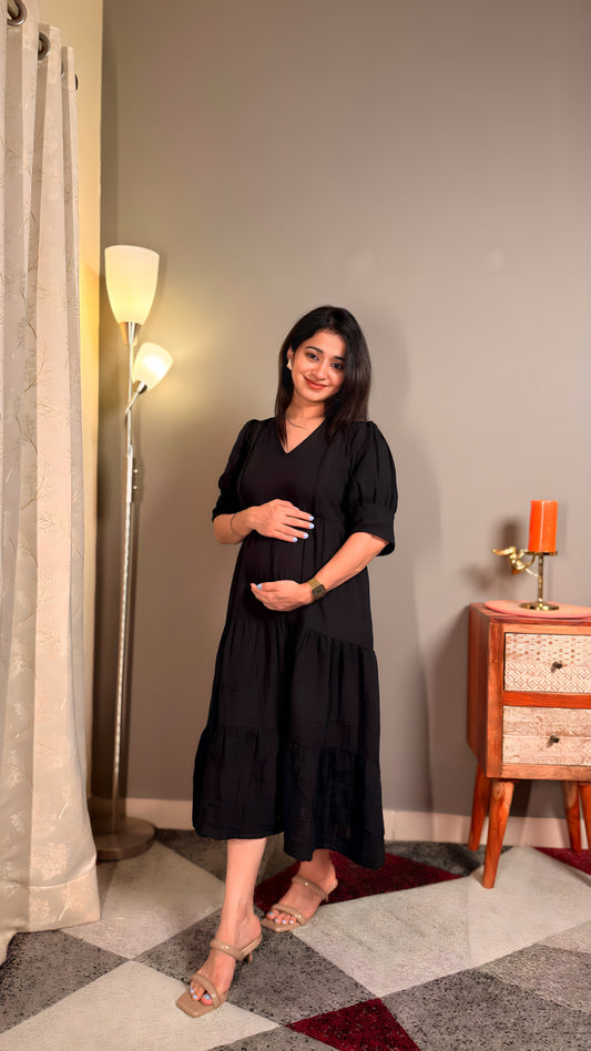 Black muslin cotton women maternity maxi with feeding zipper
