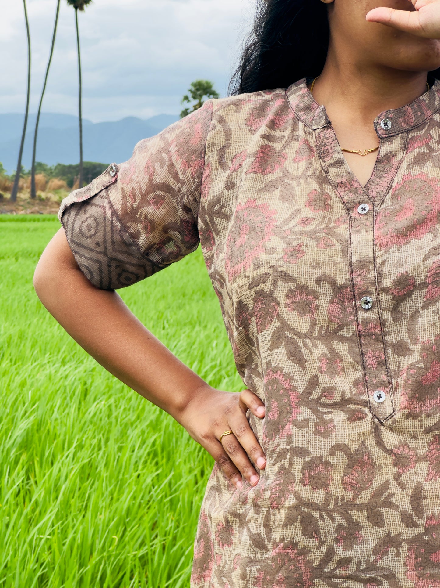 Beige grey Kota cotton kurta suit for women